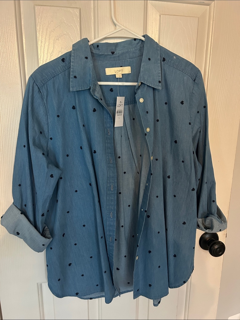 NWT! LOFT Denim-Blue Shirt with Navy Blue Embroidered Heart Dots L